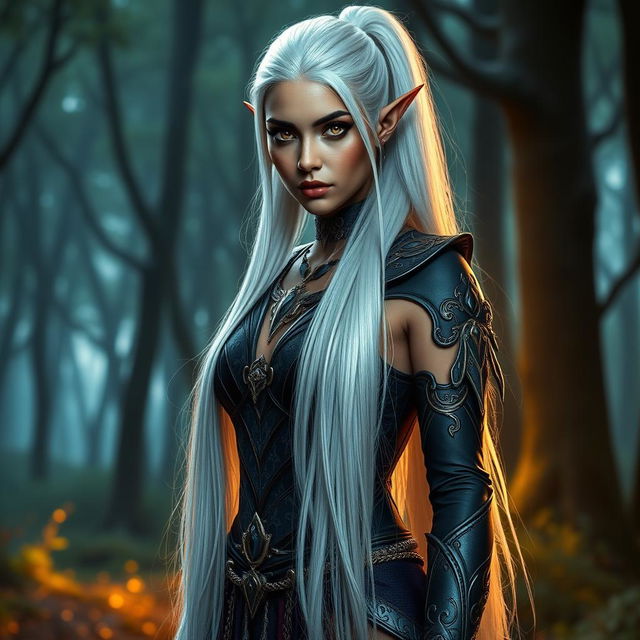 A stunning Dark Elf woman with mesmerizing golden eyes, characterized by long, slim legs that meet wide hips and an ample chest