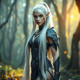 A stunning Dark Elf woman with mesmerizing golden eyes, characterized by long, slim legs that meet wide hips and an ample chest