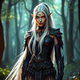 A stunning Dark Elf woman with mesmerizing golden eyes, characterized by long, slim legs that meet wide hips and an ample chest