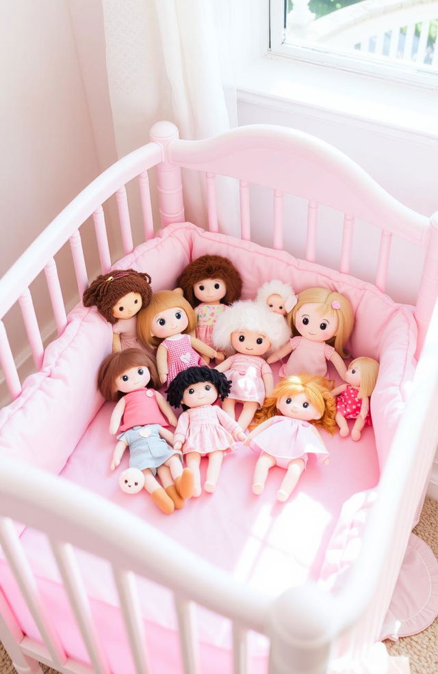 A pink crib beautifully set up with an array of adorable dolls inside