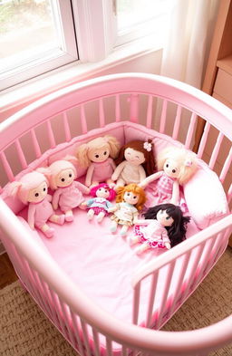 A pink crib beautifully set up with an array of adorable dolls inside