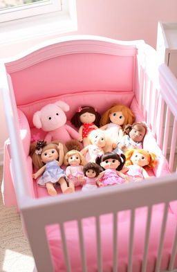 A pink crib beautifully set up with an array of adorable dolls inside