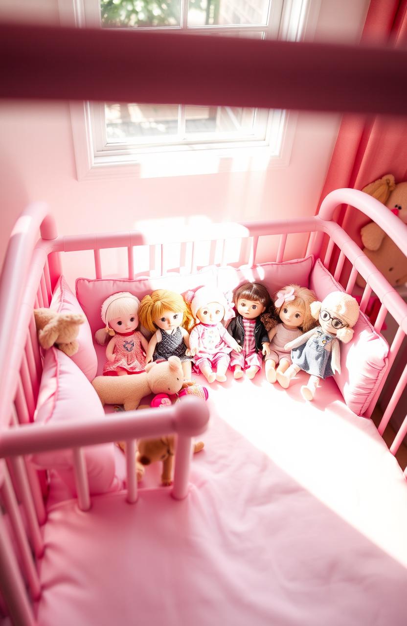 A pink crib beautifully set up with an array of adorable dolls inside