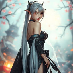 A stunning Japanese Dark Elf woman with striking golden eyes and a curvaceous figure, featuring large breasts, long, slim legs that lead to wide hips
