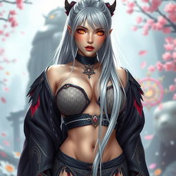 A stunning Japanese Dark Elf woman with striking golden eyes and a curvaceous figure, featuring large breasts, long, slim legs that lead to wide hips