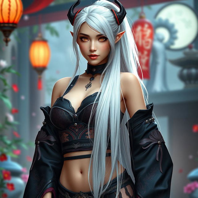 A stunning Japanese Dark Elf woman with striking golden eyes and a curvaceous figure, featuring large breasts, long, slim legs that lead to wide hips