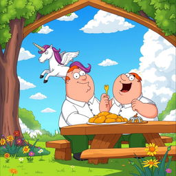 Peter Griffin sitting at a picnic table in a whimsical outdoor setting, laughing joyfully as he enjoys a large platter of golden fried chicken