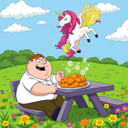 Peter Griffin sitting at a picnic table in a whimsical outdoor setting, laughing joyfully as he enjoys a large platter of golden fried chicken