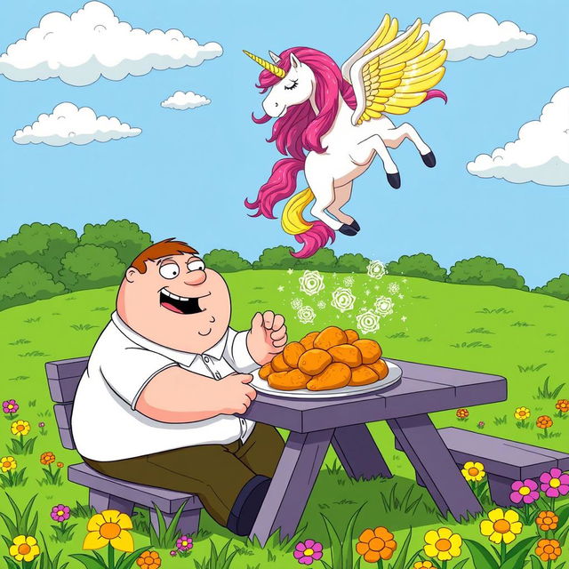 Peter Griffin sitting at a picnic table in a whimsical outdoor setting, laughing joyfully as he enjoys a large platter of golden fried chicken