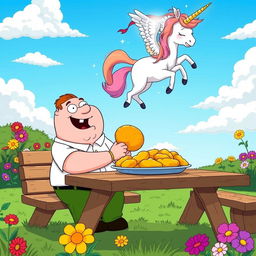 Peter Griffin sitting at a picnic table in a whimsical outdoor setting, laughing joyfully as he enjoys a large platter of golden fried chicken