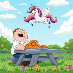Peter Griffin sitting at a picnic table in a whimsical outdoor setting, laughing joyfully as he enjoys a large platter of golden fried chicken