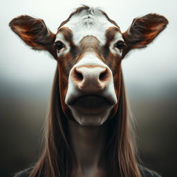 A surreal portrait of a woman's face, blending a cow's head from the nose up, featuring large expressive eyes and a sad expression, seamlessly transformed into a human face from the nose down