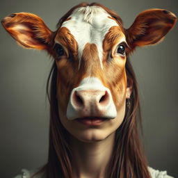 A surreal portrait of a woman's face, blending a cow's head from the nose up, featuring large expressive eyes and a sad expression, seamlessly transformed into a human face from the nose down