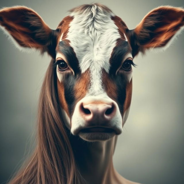 A surreal portrait of a woman's face, blending a cow's head from the nose up, featuring large expressive eyes and a sad expression, seamlessly transformed into a human face from the nose down