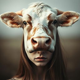 A surreal portrait of a woman's face, blending a cow's head from the nose up, featuring large expressive eyes and a sad expression, seamlessly transformed into a human face from the nose down