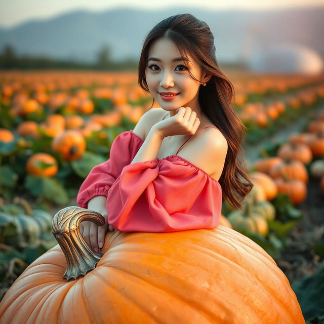 A beautiful Korean woman poses gracefully and attractively, sitting on a large pumpkin, facing the camera with a soft and cute smile