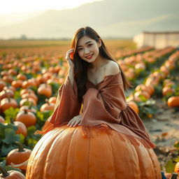 A beautiful Korean woman poses gracefully and attractively, sitting on a large pumpkin, facing the camera with a soft and cute smile