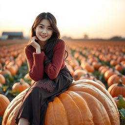 A beautiful Korean woman poses gracefully and attractively, sitting on a large pumpkin, facing the camera with a soft and cute smile