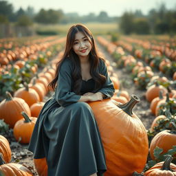A beautiful Korean woman poses gracefully and attractively, sitting on a large pumpkin, facing the camera with a soft and cute smile