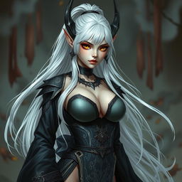 A breathtakingly beautiful female Dark Elf with extraordinarily large breasts and captivating golden eyes