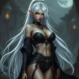 A breathtakingly beautiful female Dark Elf with extraordinarily large breasts and captivating golden eyes