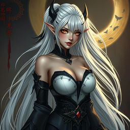 A breathtakingly beautiful female Dark Elf with extraordinarily large breasts and captivating golden eyes