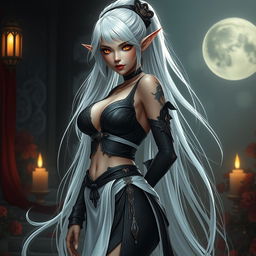 A breathtakingly beautiful female Dark Elf with extraordinarily large breasts and captivating golden eyes