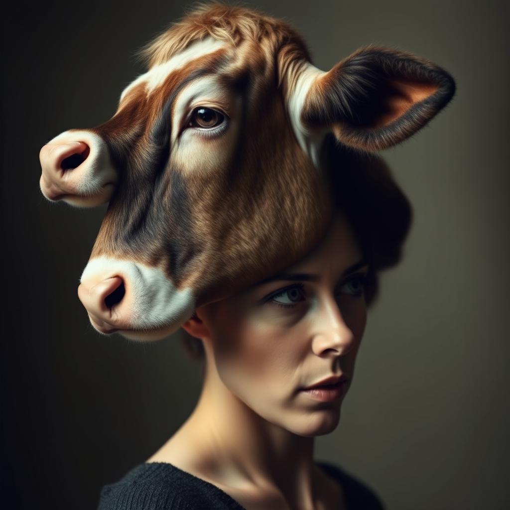 A surreal portrait featuring a woman's profile combining both human and animal characteristics: from the nose up, a detailed cow's head, exhibiting a sad expression, with lifelike features, fur texture, and gentle eyes