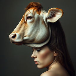 A surreal portrait featuring a woman's profile combining both human and animal characteristics: from the nose up, a detailed cow's head, exhibiting a sad expression, with lifelike features, fur texture, and gentle eyes