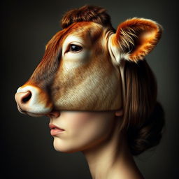 A surreal portrait featuring a woman's profile combining both human and animal characteristics: from the nose up, a detailed cow's head, exhibiting a sad expression, with lifelike features, fur texture, and gentle eyes