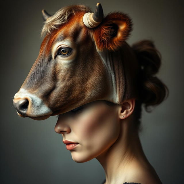 A surreal portrait featuring a woman's profile combining both human and animal characteristics: from the nose up, a detailed cow's head, exhibiting a sad expression, with lifelike features, fur texture, and gentle eyes