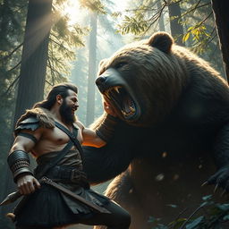 A dynamic scene featuring a strong and courageous man, styled like a classic warrior, engaging in a fierce battle with a massive bear in a dense forest