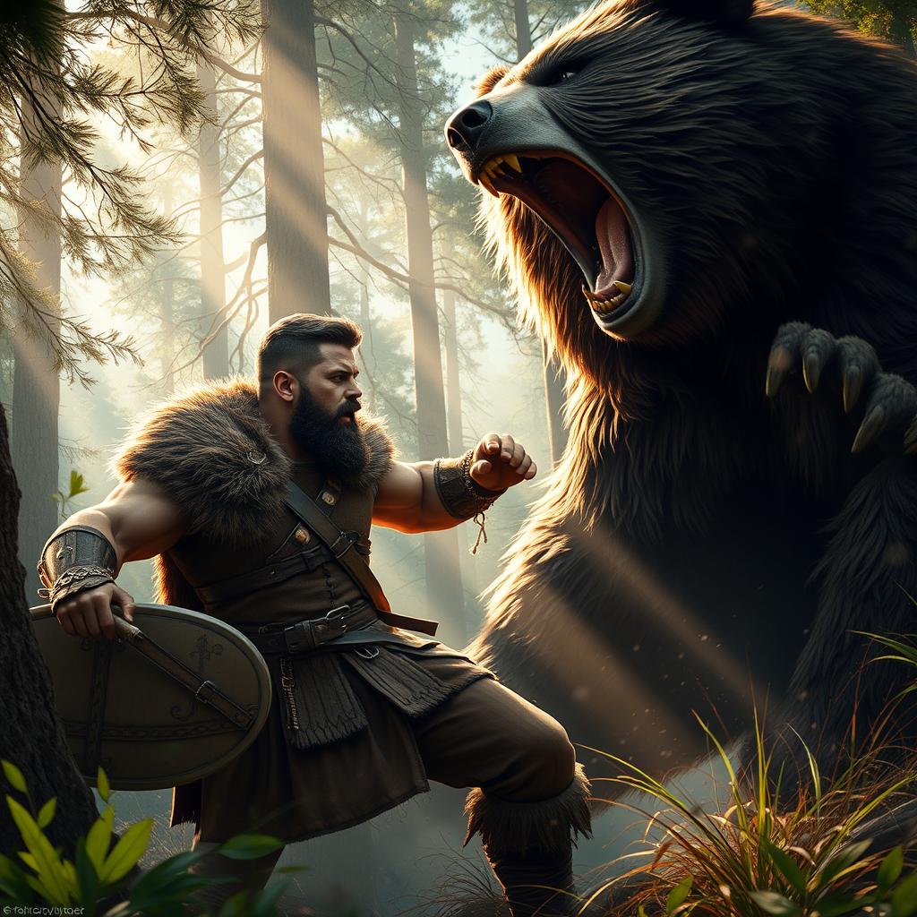 A dynamic scene featuring a strong and courageous man, styled like a classic warrior, engaging in a fierce battle with a massive bear in a dense forest