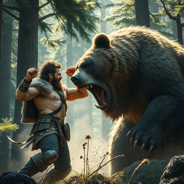 A dynamic scene featuring a strong and courageous man, styled like a classic warrior, engaging in a fierce battle with a massive bear in a dense forest