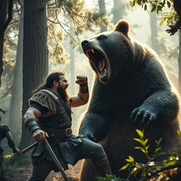 A dynamic scene featuring a strong and courageous man, styled like a classic warrior, engaging in a fierce battle with a massive bear in a dense forest