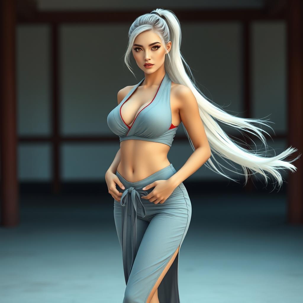 A beautiful woman with striking features, characterized by large breasts and captivating golden eyes