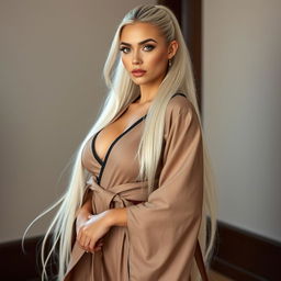 A beautiful woman with striking features, characterized by large breasts and captivating golden eyes