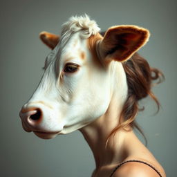 A surreal and imaginative portrait of a woman's profile, seamlessly merging a cow's head from the nose up with a human face from the nose down