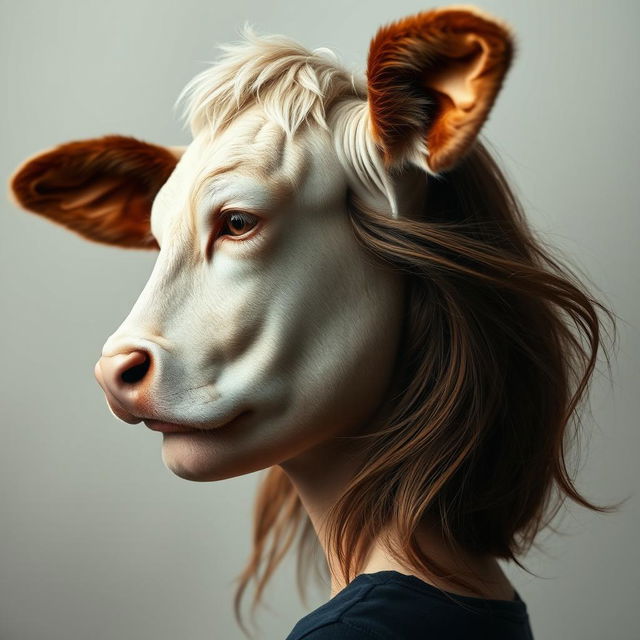 A surreal and imaginative portrait of a woman's profile, seamlessly merging a cow's head from the nose up with a human face from the nose down