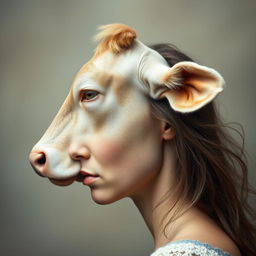 A surreal and imaginative portrait of a woman's profile, seamlessly merging a cow's head from the nose up with a human face from the nose down