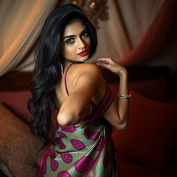 A sensual and provocative scene featuring an attractive South Asian woman in traditional attire, posing confidently in an intimate setting
