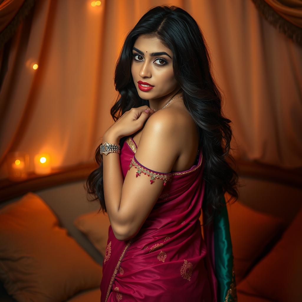 A sensual and provocative scene featuring an attractive South Asian woman in traditional attire, posing confidently in an intimate setting