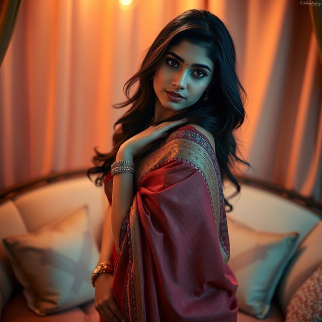 A sensual and provocative scene featuring an attractive South Asian woman in traditional attire, posing confidently in an intimate setting