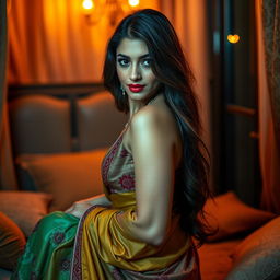 A sensual and provocative scene featuring an attractive South Asian woman in traditional attire, posing confidently in an intimate setting