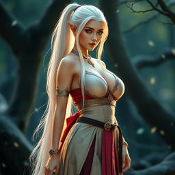 A stunningly beautiful woman, resembling an elegant elf, with extraordinary large breasts and mesmerizing golden eyes