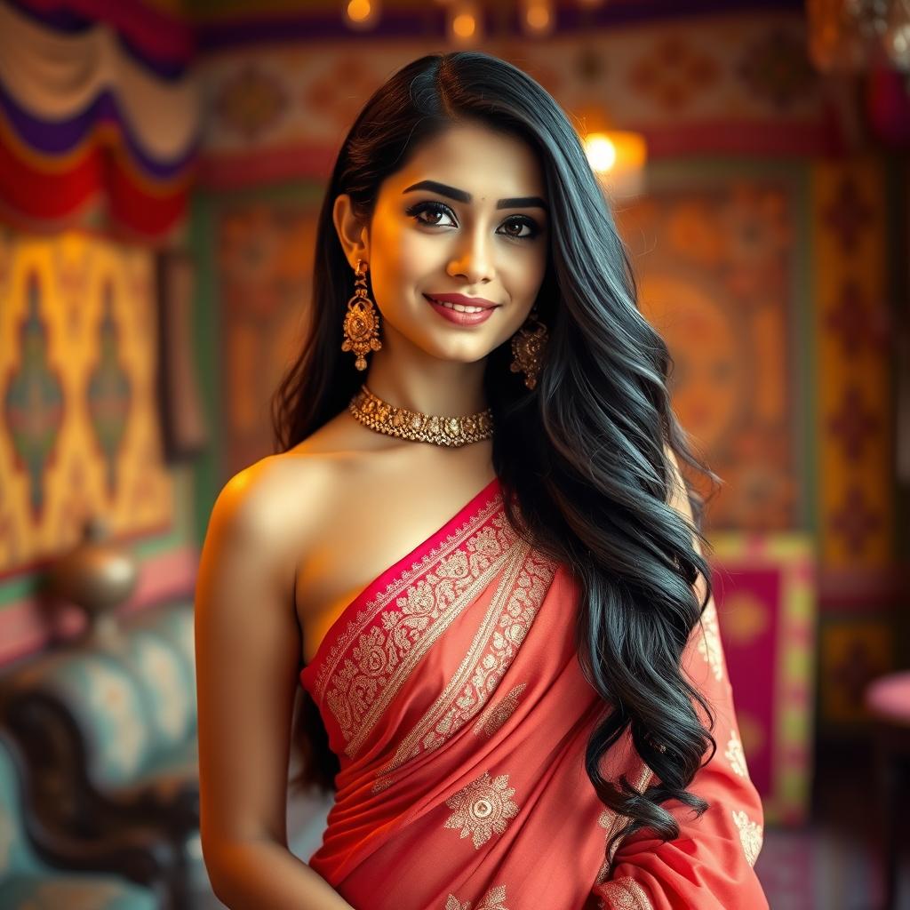 A confident and alluring Indian woman in traditional attire, showcasing her beautiful curves