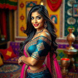 A confident and alluring Indian woman in traditional attire, showcasing her beautiful curves