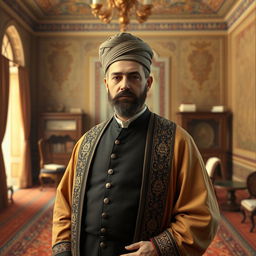 A historical portrait of Amir Kabir, the prominent Iranian statesman and reformer, depicted in 19th century clothing