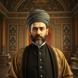 A historical portrait of Amir Kabir, the prominent Iranian statesman and reformer, depicted in 19th century clothing