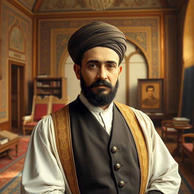 A historical portrait of Amir Kabir, the prominent Iranian statesman and reformer, depicted in 19th century clothing